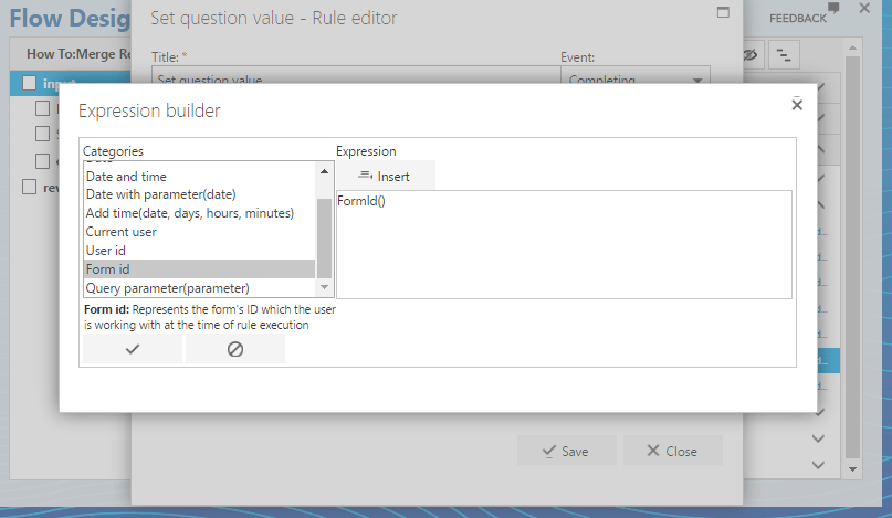 Expression builder with Form ID selected
