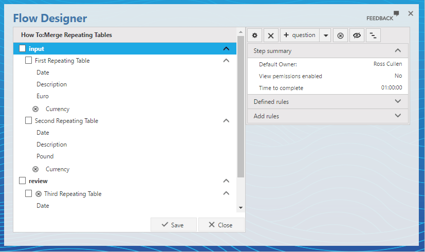Repeating table questions configured across steps