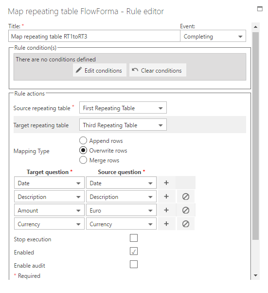 Map repeating table rule with overwrite option