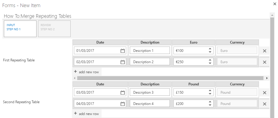 Form filled out with two repeating tables