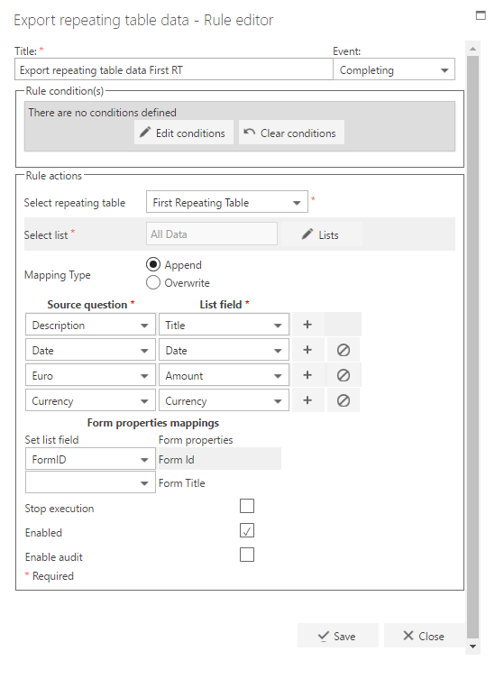 Export repeating table rule for RT1