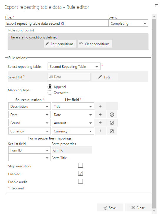 Export repeating table rule for RT2