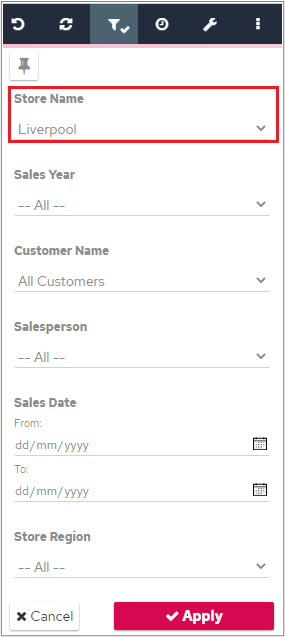 Page filter panel showing a default Store Name filter