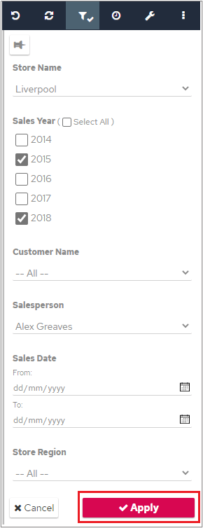 Page filter options with values selected