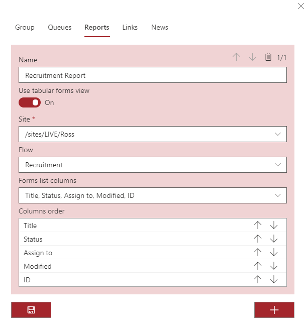 Tabular report definition screen