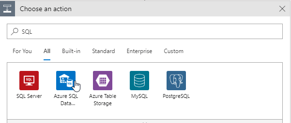 Search SQL server action