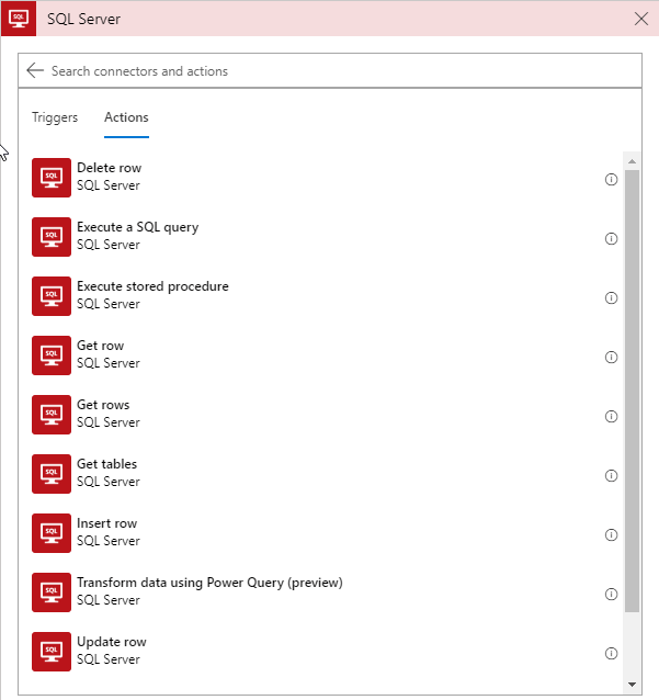 SQL server actions list