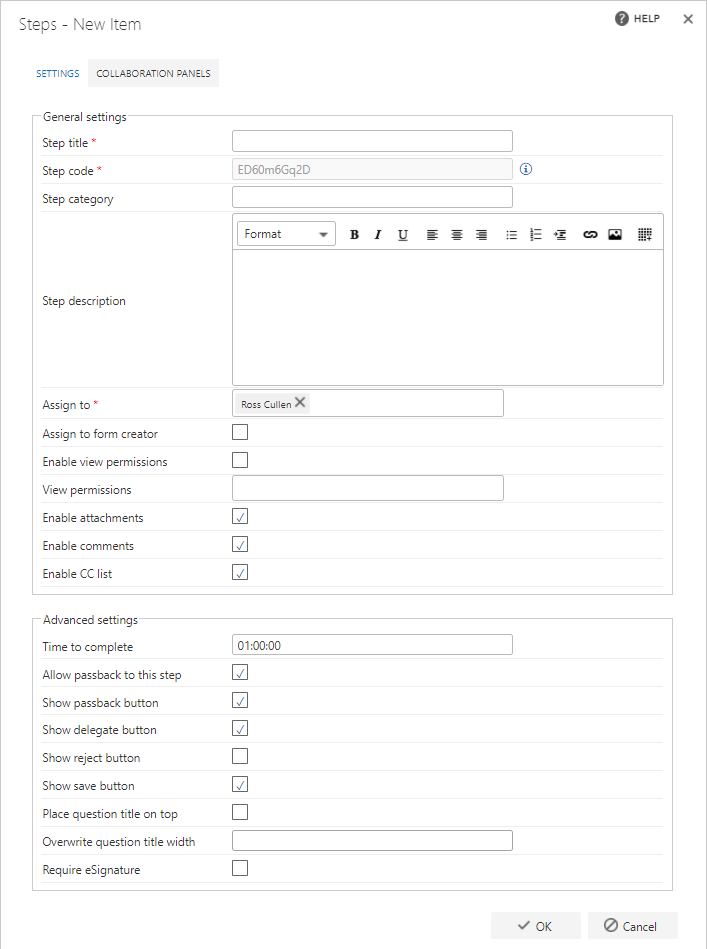 New step settings panel