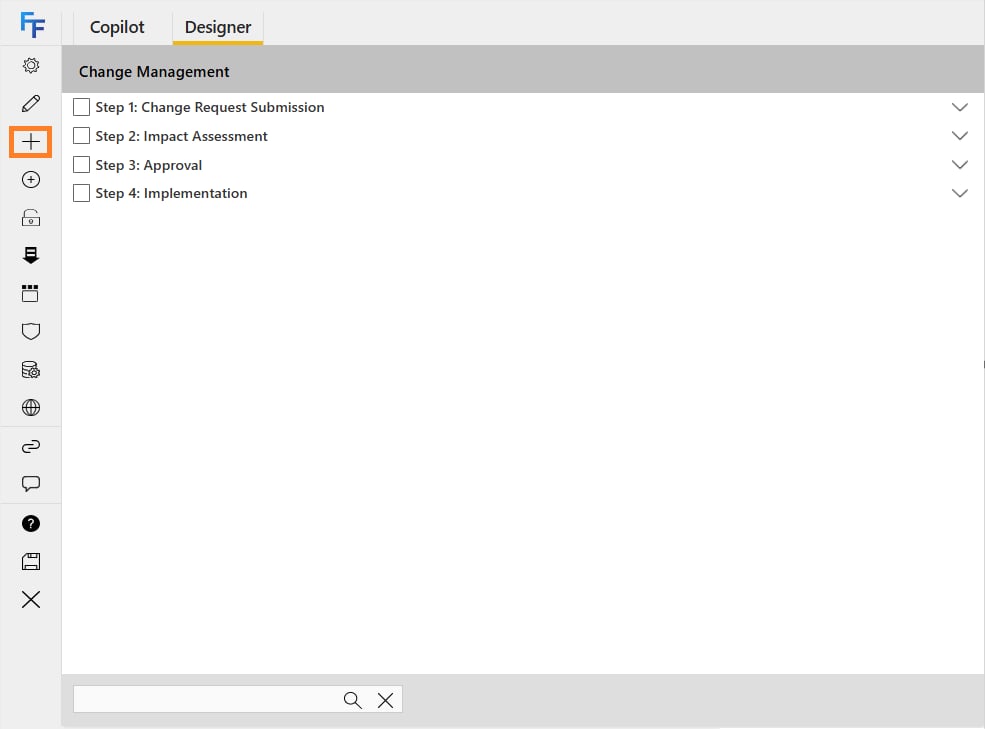 Steps list in the quick launch panel
