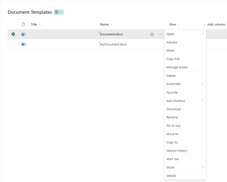 Opening a document template's details from the three-dot menu