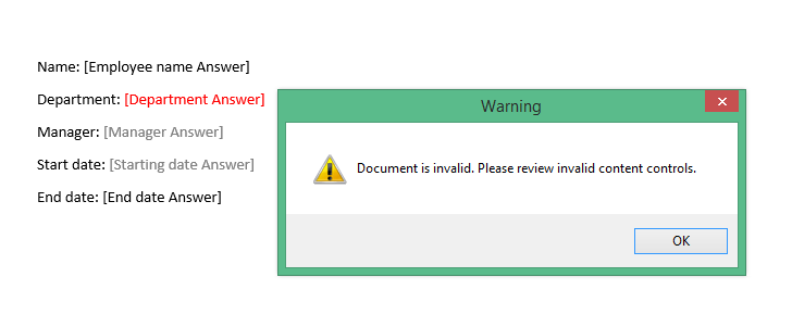 The validate warning highlighting invalid data in red