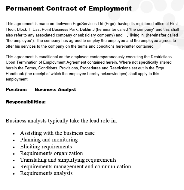 Generated contract showing the Business Analyst job description