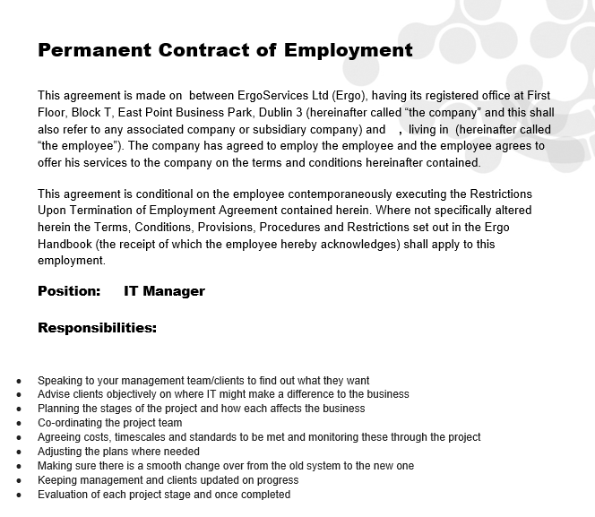Generated contract showing the IT Manager job description