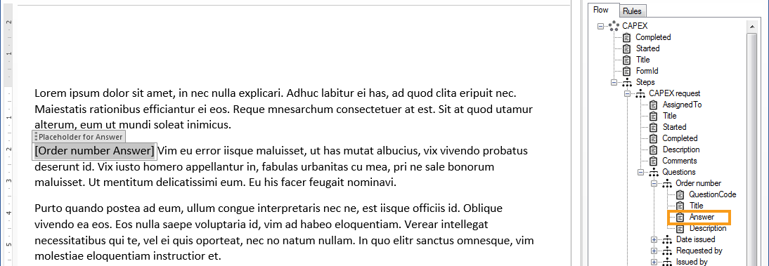 FlowForma attributes inserted in the document, shown between square brackets