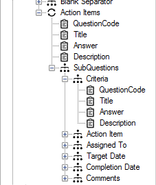 A repeating table question expanded to show its sub-questions