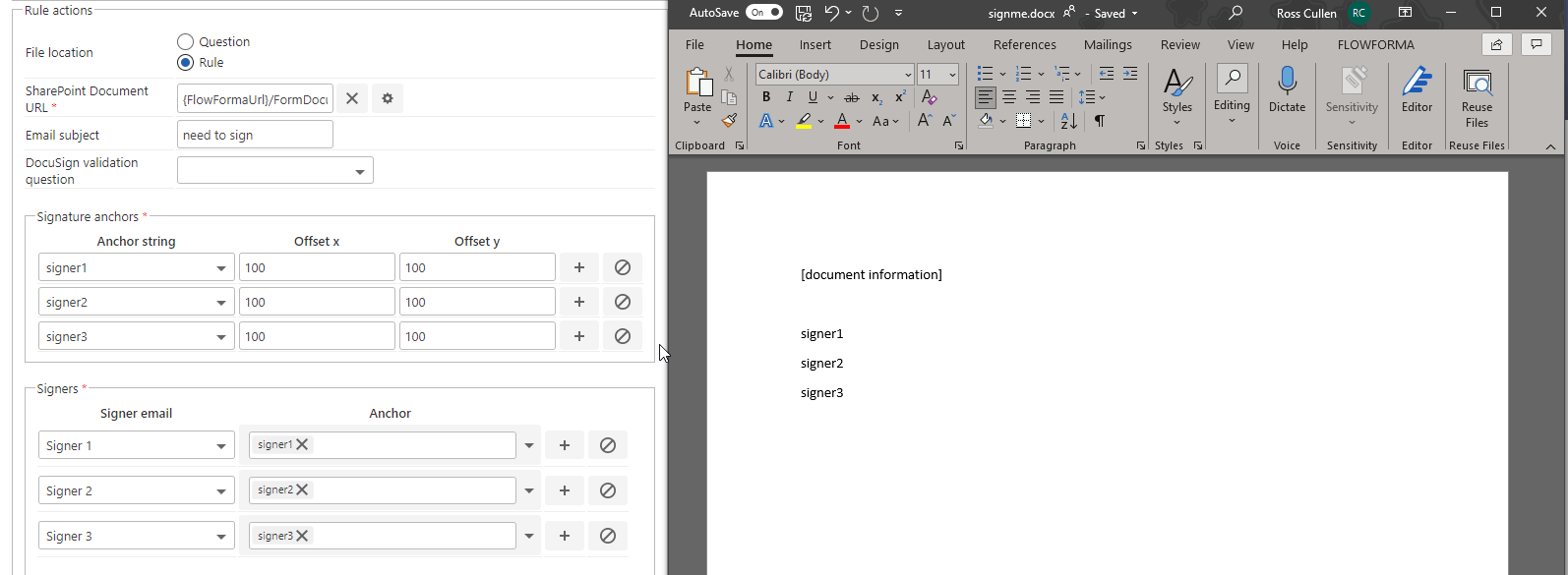 DocuSign sign document rule actions example