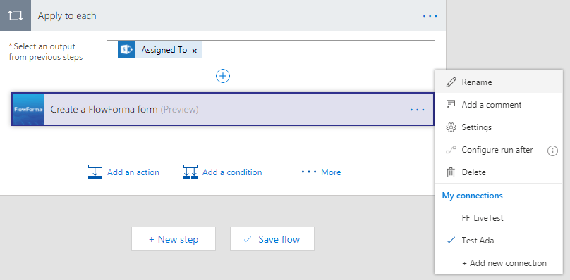 Change connection for the FlowForma action