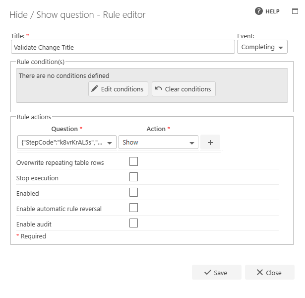 Inspected rule showing a broken reference to a removed question