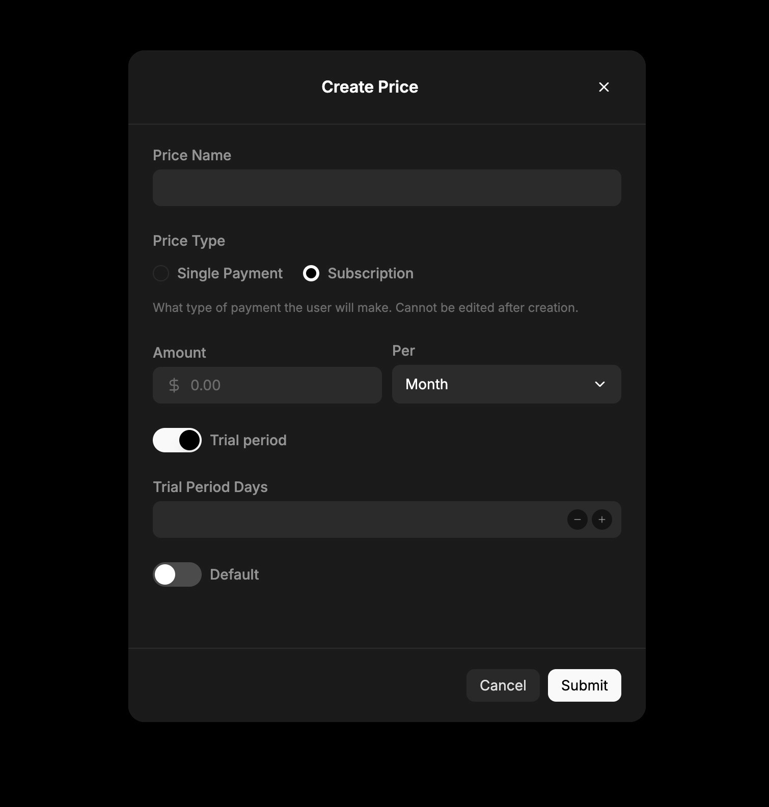 Price creation modal showing fields for unit price, currency, type, and other settings