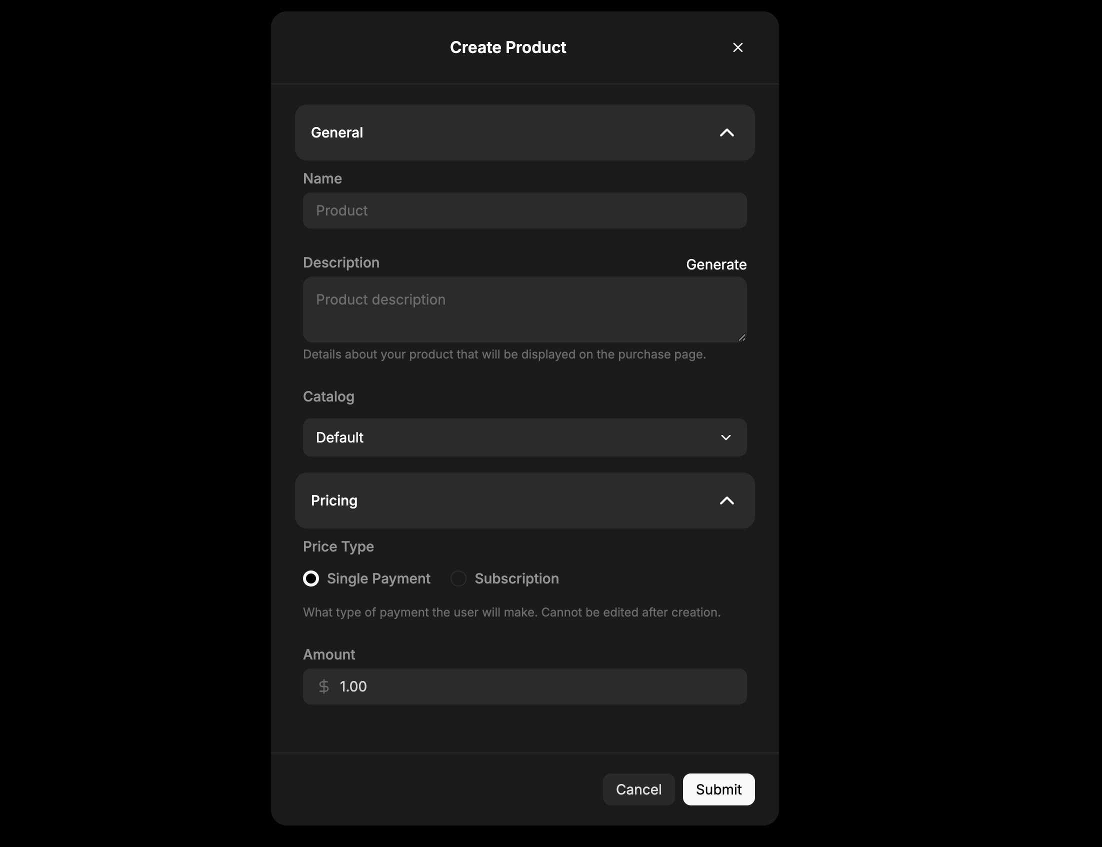 Product creation modal showing fields for name, description, catalog, and initial price