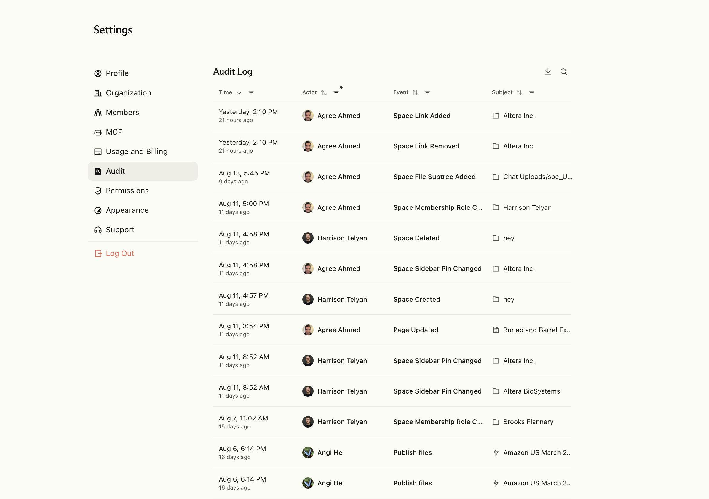 The organization audit log in Flowglad Settings, showing activity by time, actor, event, and subject.
