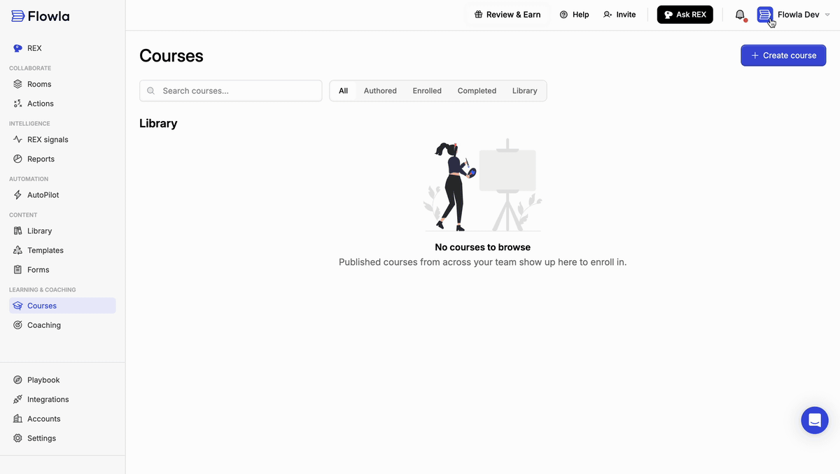 Creating a course from the Courses page, then adding lessons and blocks in the Course tab