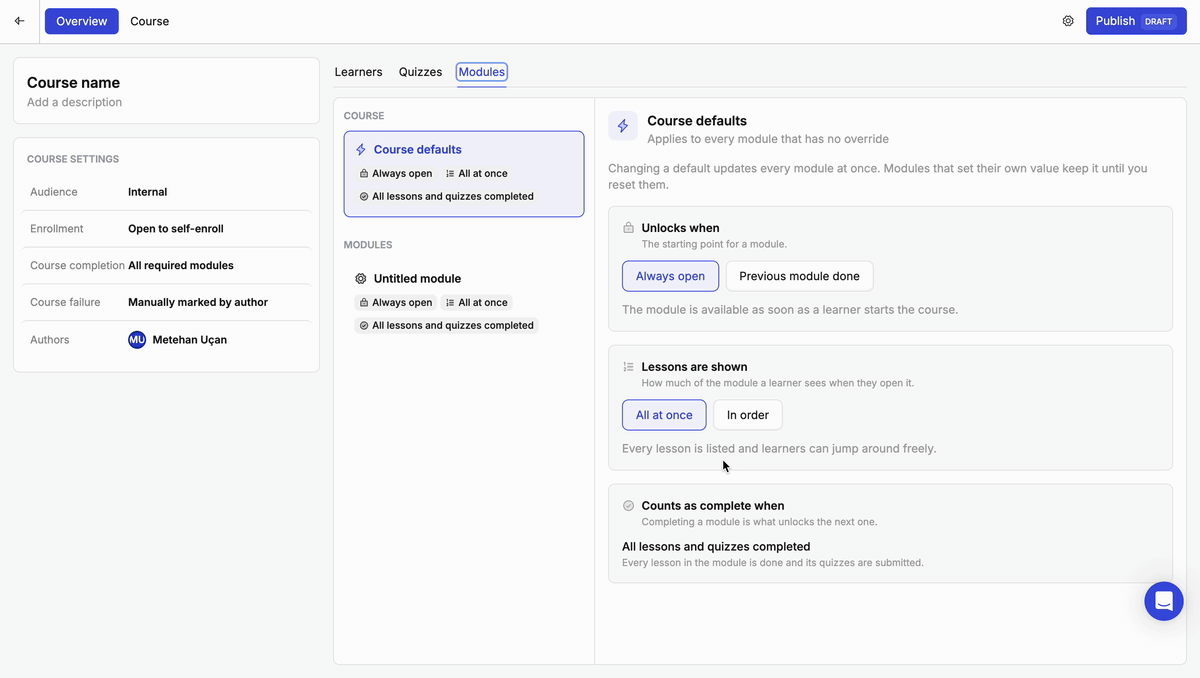 The Modules tab showing course defaults and a module whose rules are overridden, then reset to inherit from the course