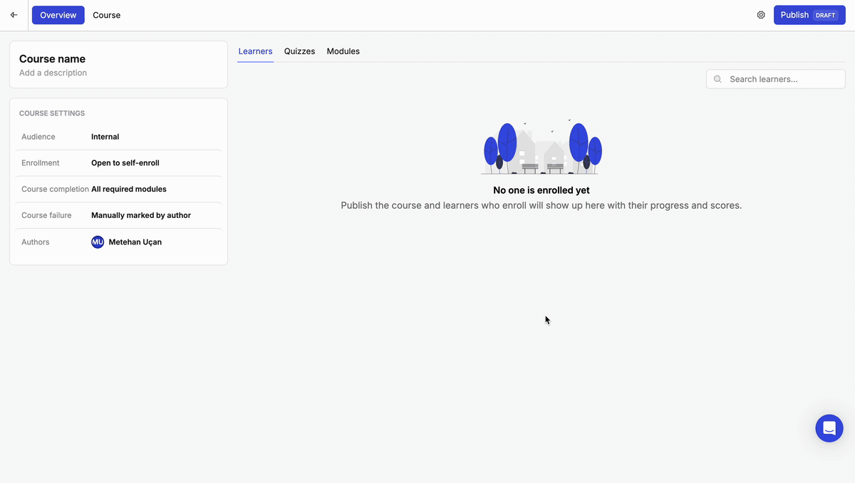The Publish course dialog with a publish note, followed by the course marked Published