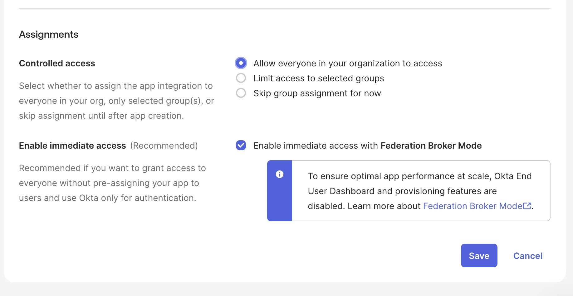 Access settings with Allow everyone and Enable immediate access options