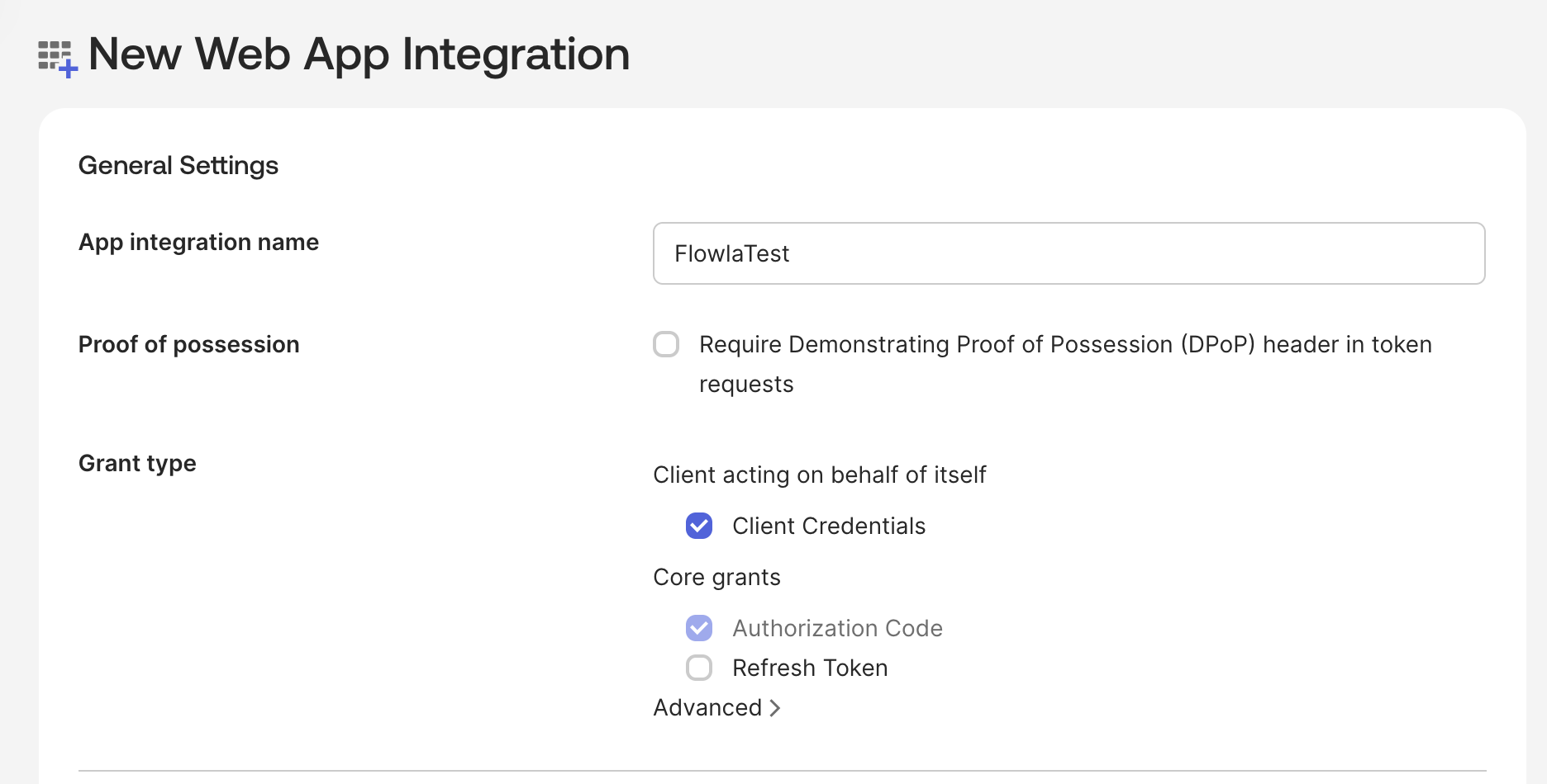 App integration name and client credentials settings