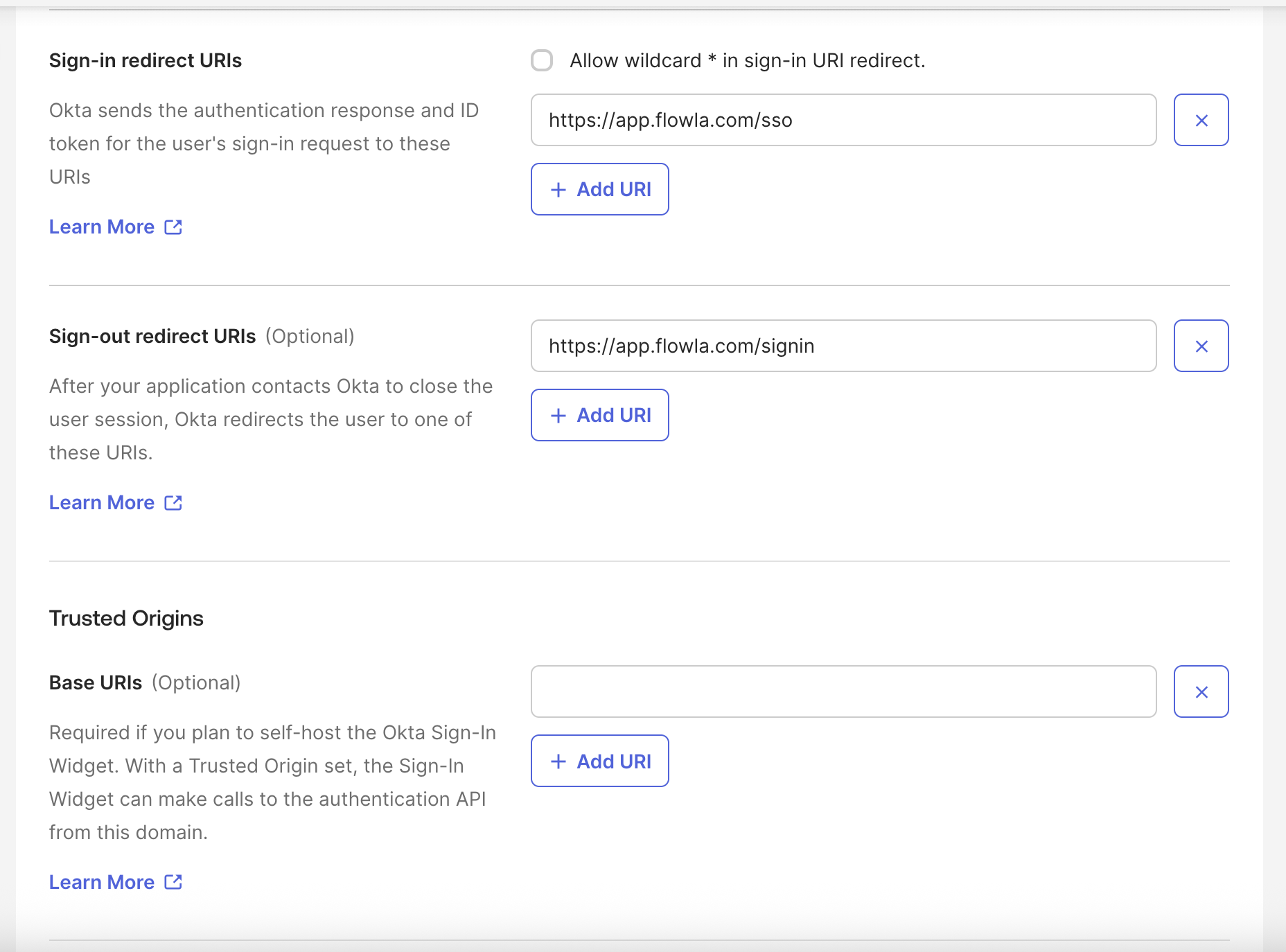 Sign-in and sign-out redirect URI settings