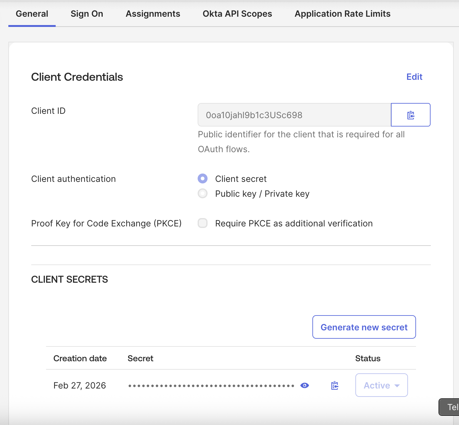 General tab showing Client ID and Client Secret fields
