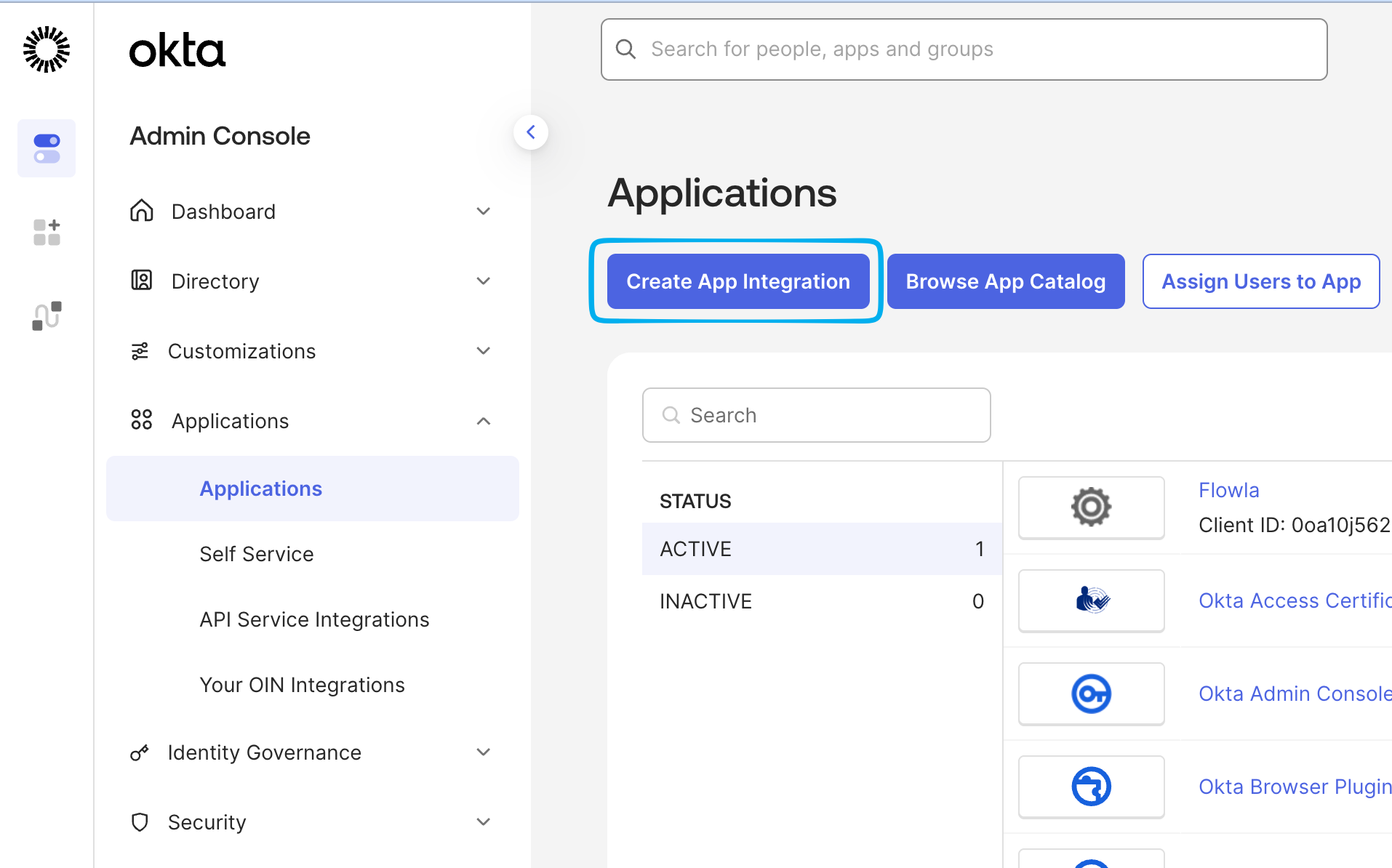 Okta Applications page with Create App Integration button highlighted