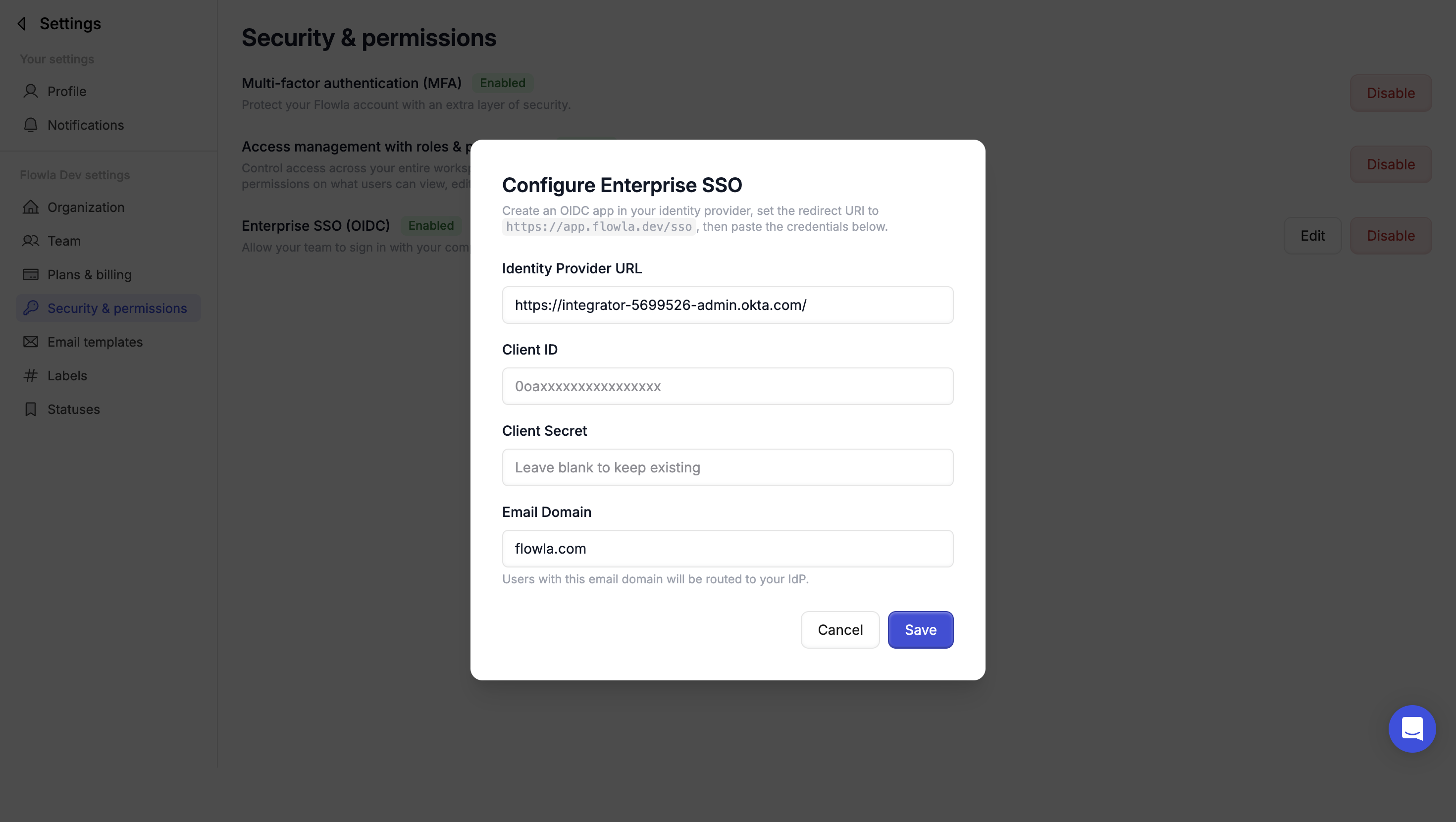 Flowla SSO setup form with Identity Provider URL, Client ID, Client Secret, and Email Domain fields