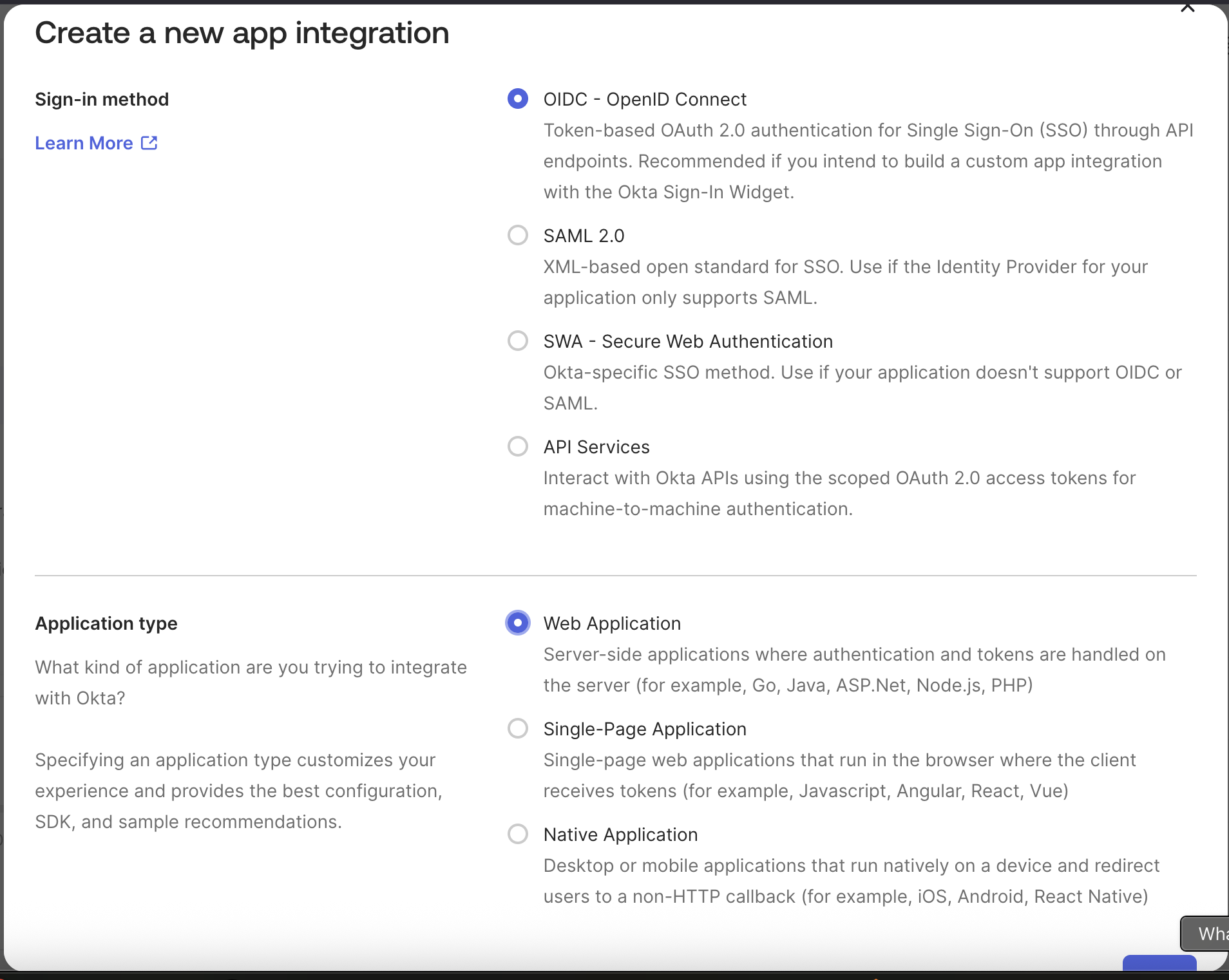 New App Integration dialog with OIDC - OpenID Connect and Web Application selected