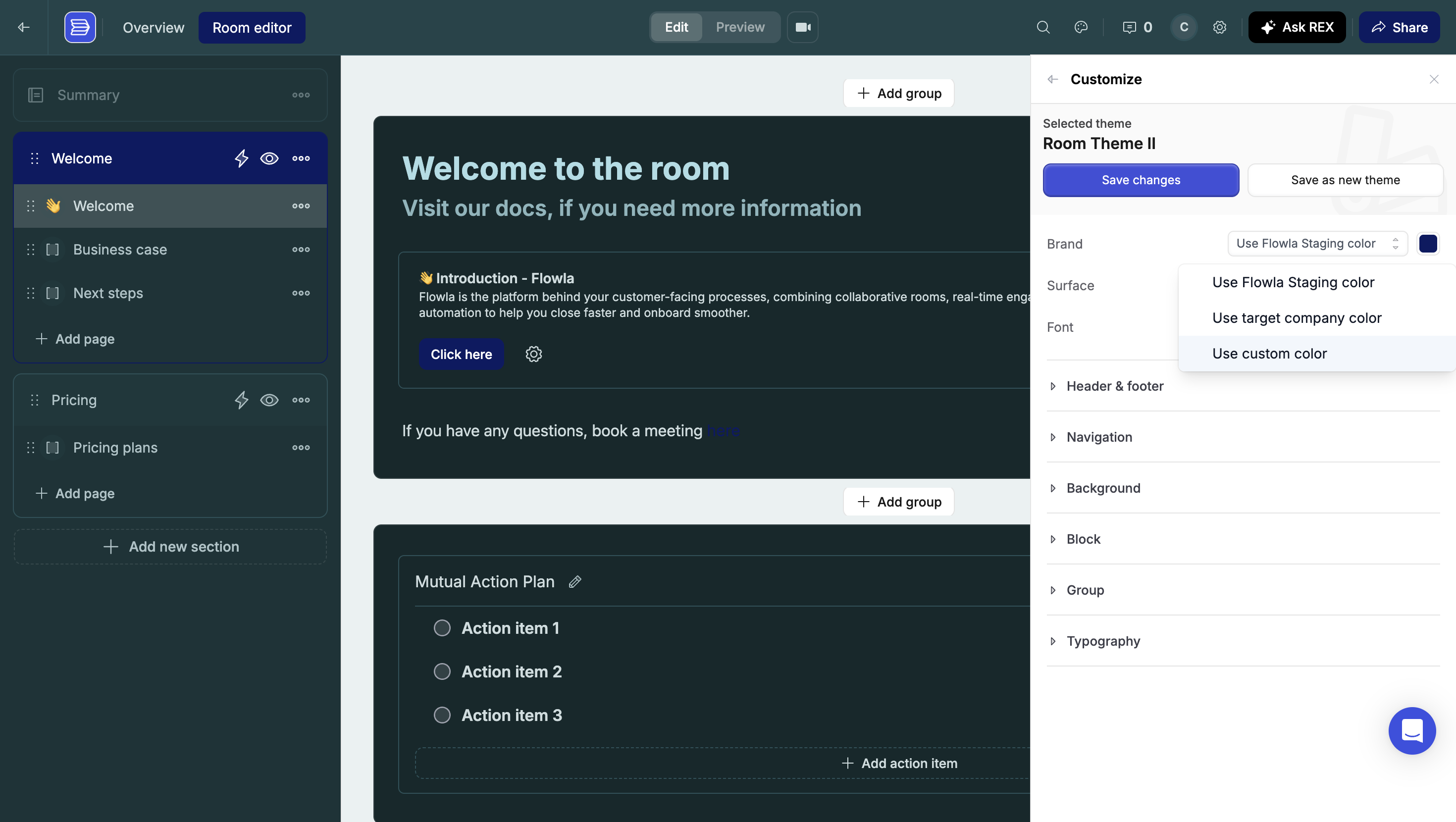 The Brand dropdown open with options Use Flowla Staging color, Use target company color, and Use custom color