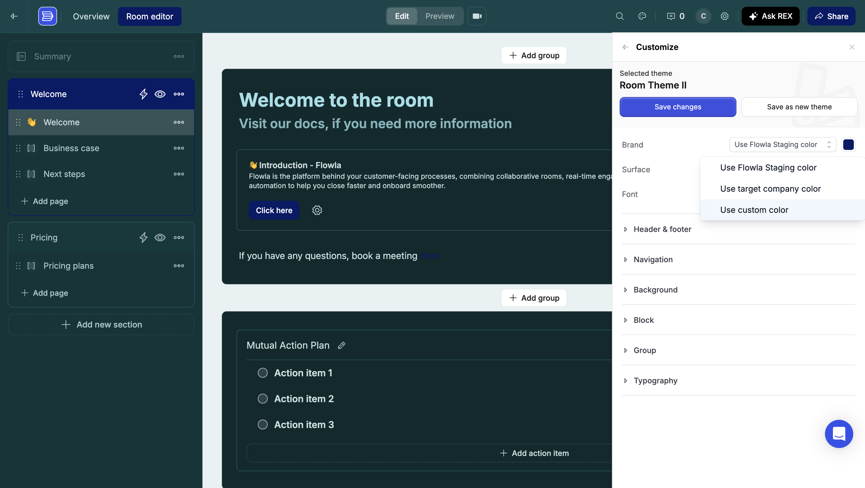 The Brand dropdown open with options Use Flowla Staging color, Use target company color, and Use custom color