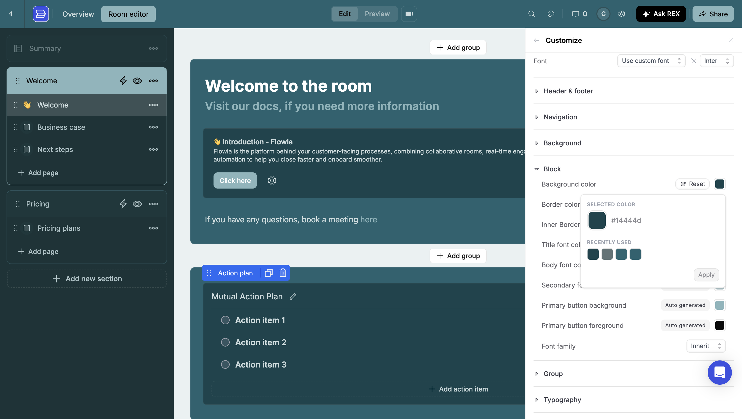 The Block section expanded showing background color, border color, inner border, font colors, primary button background and foreground, and font family