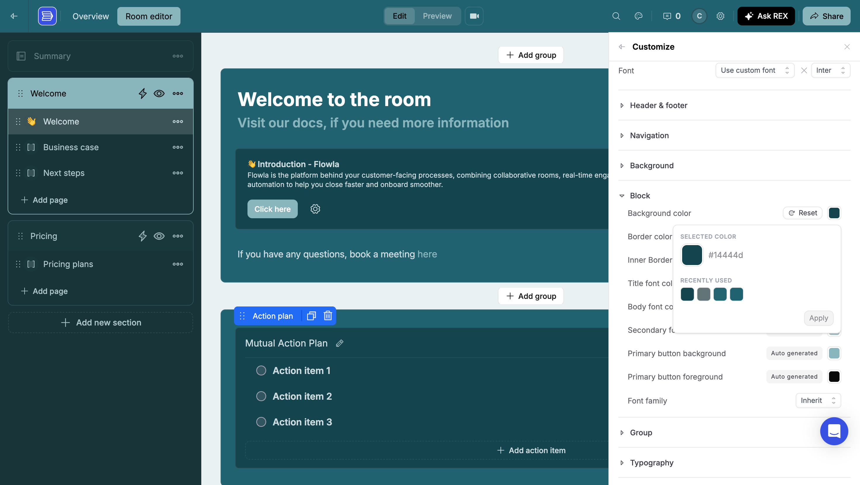 The Block section expanded showing background color, border color, inner border, font colors, primary button background and foreground, and font family