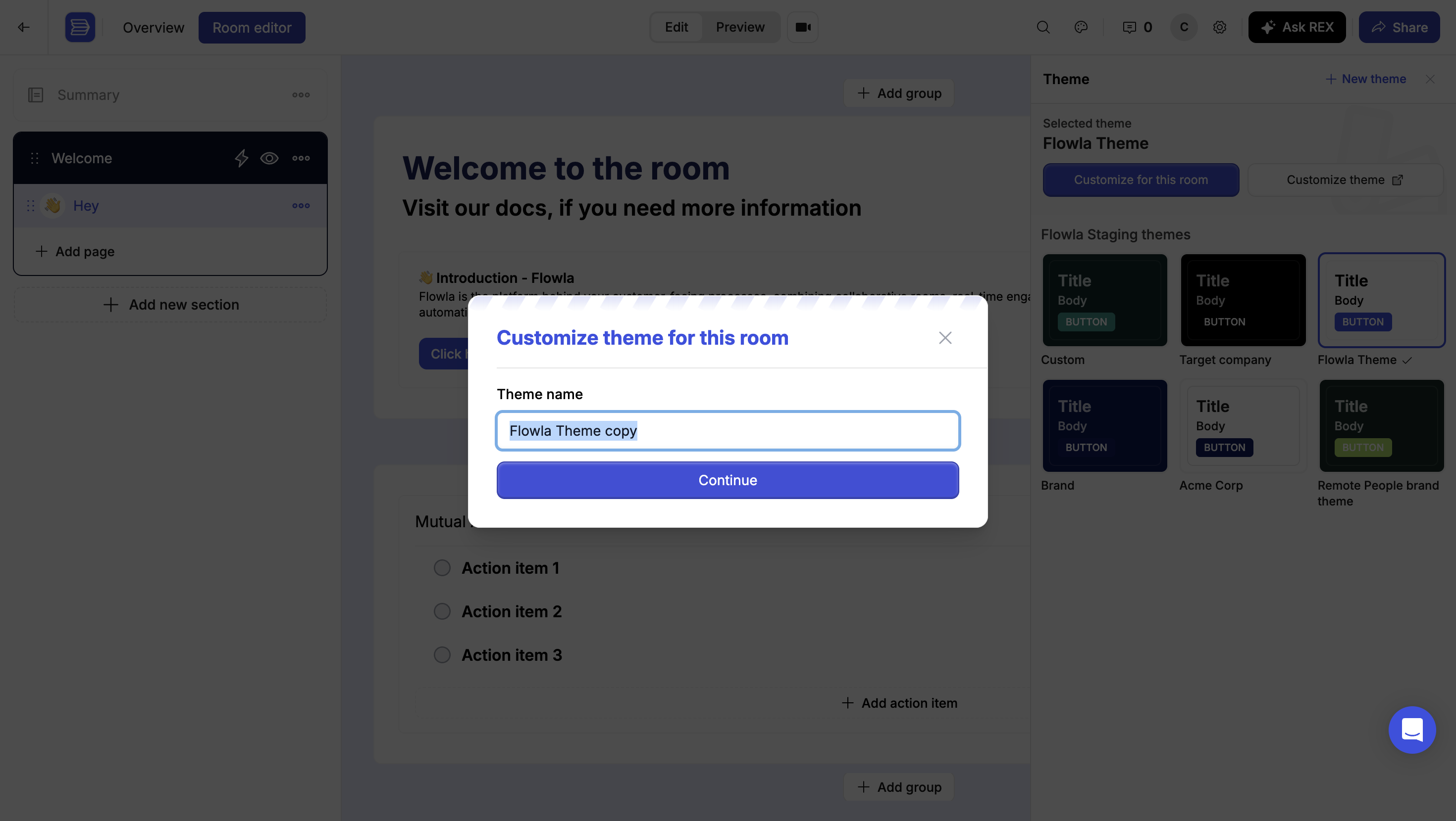 The Customize theme for this room dialog with a Theme name field pre-filled with Flowla Theme copy