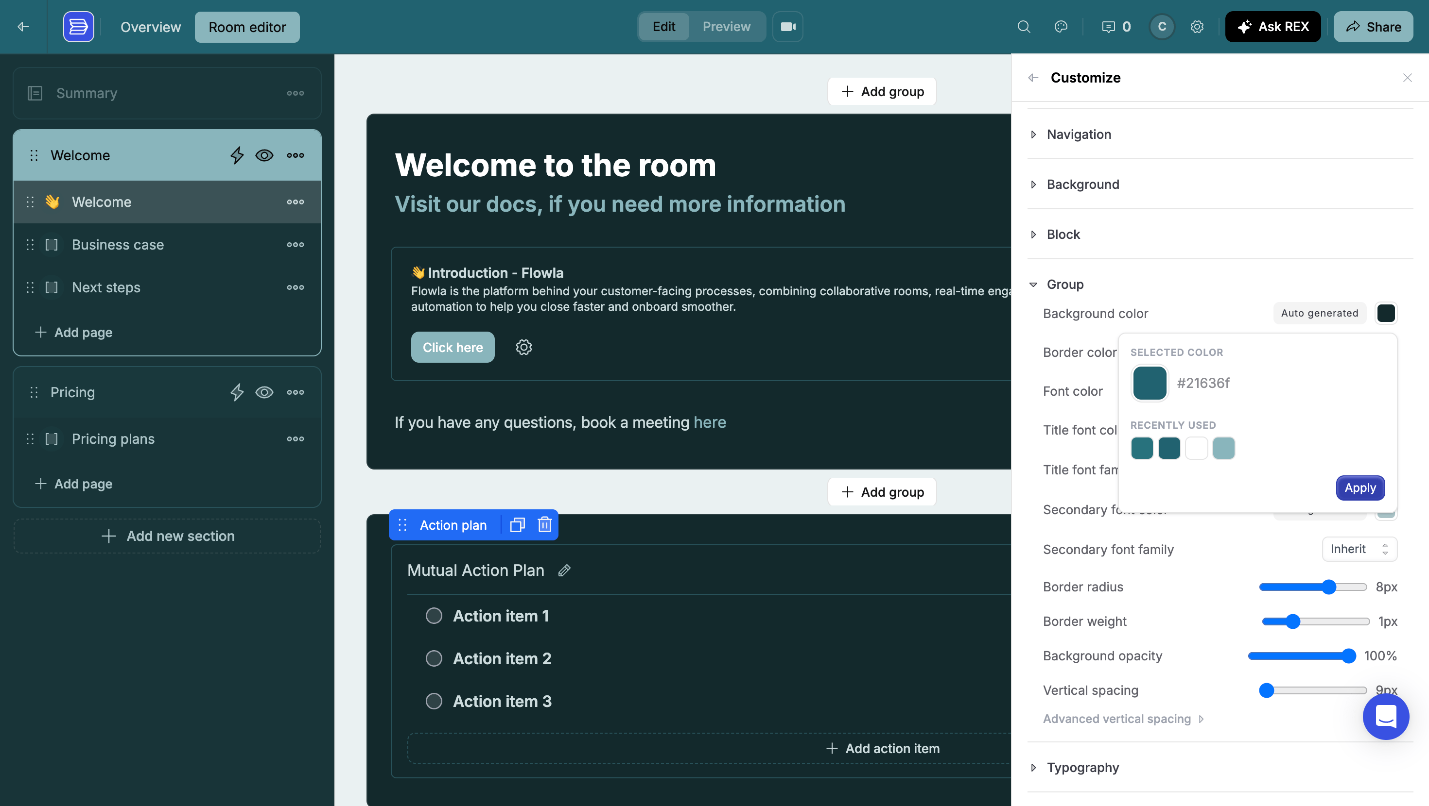 The Group section expanded showing color controls and sliders for border radius, border weight, background opacity, and vertical spacing