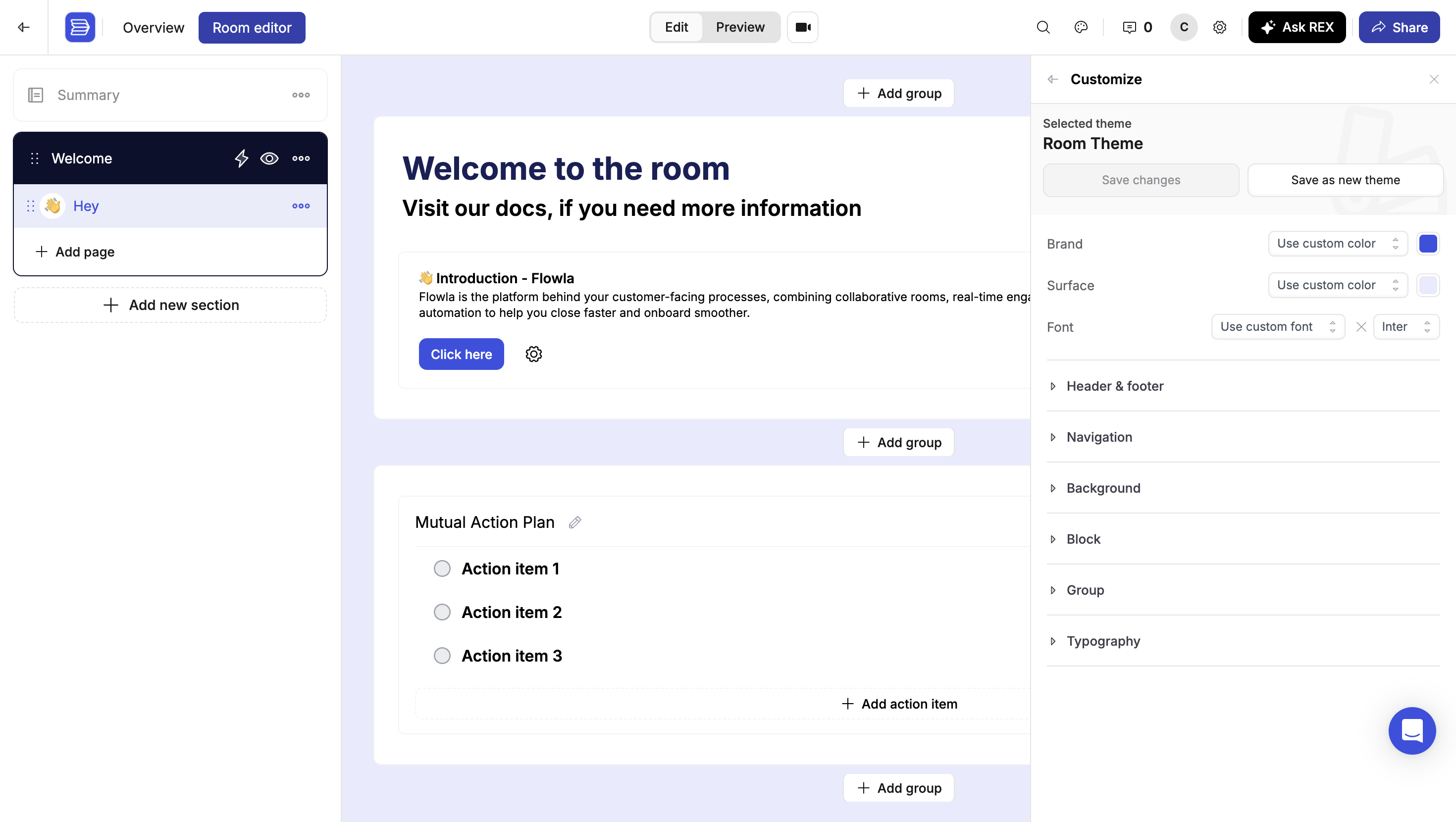 The Customize panel showing Brand, Surface, and Font controls above collapsible Header & footer, Navigation, Background, Block, Group, and Typography sections