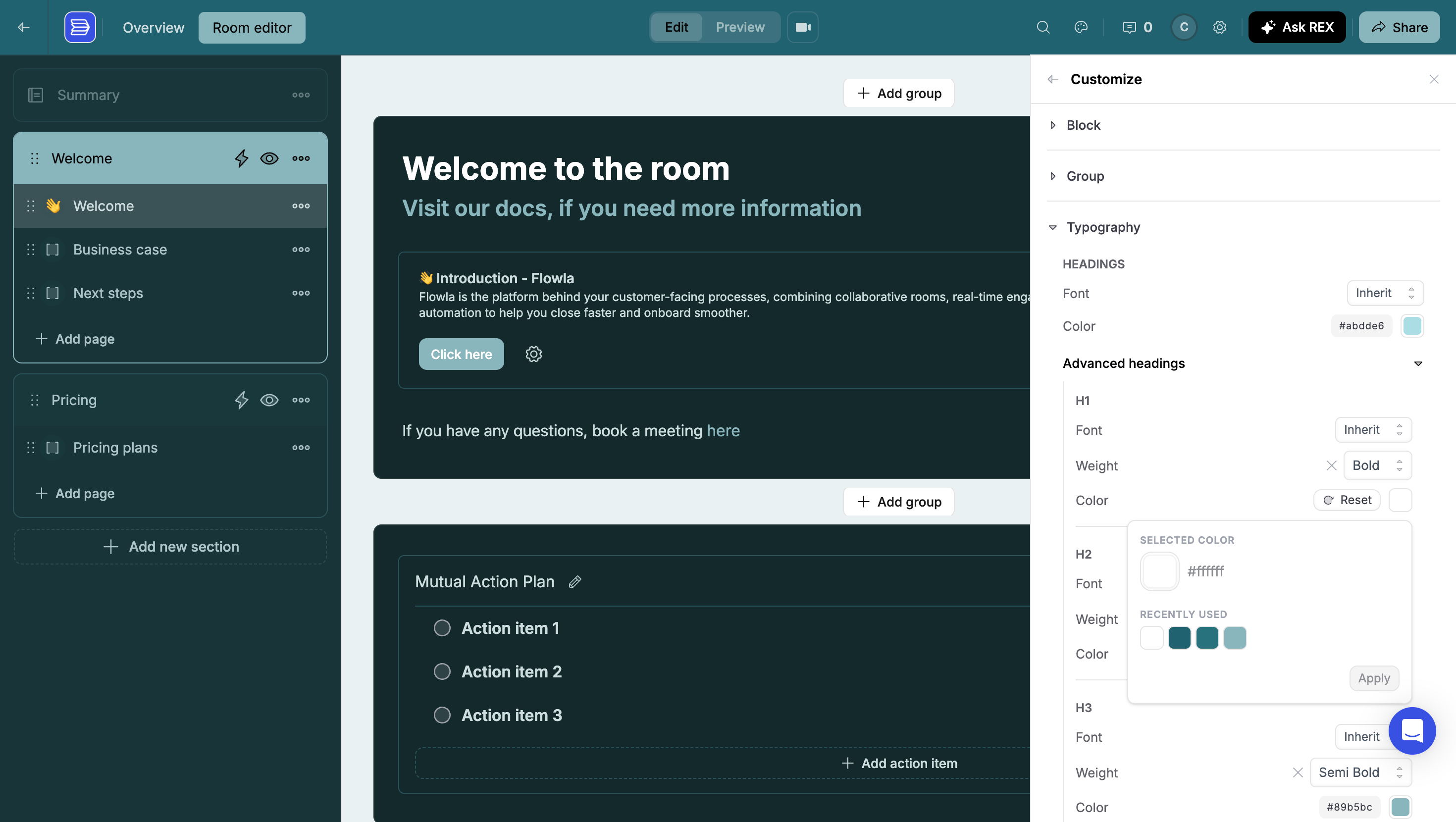 The Typography section expanded showing heading font and color plus Advanced headings controls for H1, H2, and H3