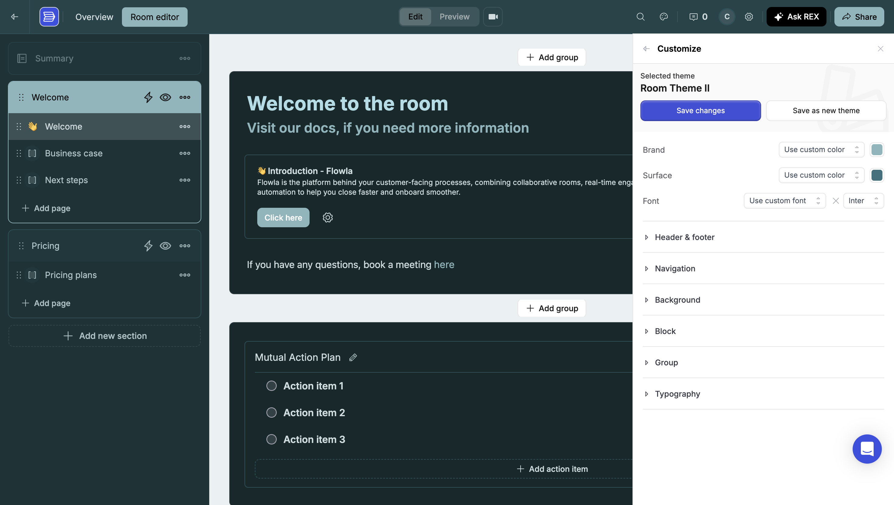 A room restyled with a teal brand and surface color, showing the header, navigation, and blocks all updated