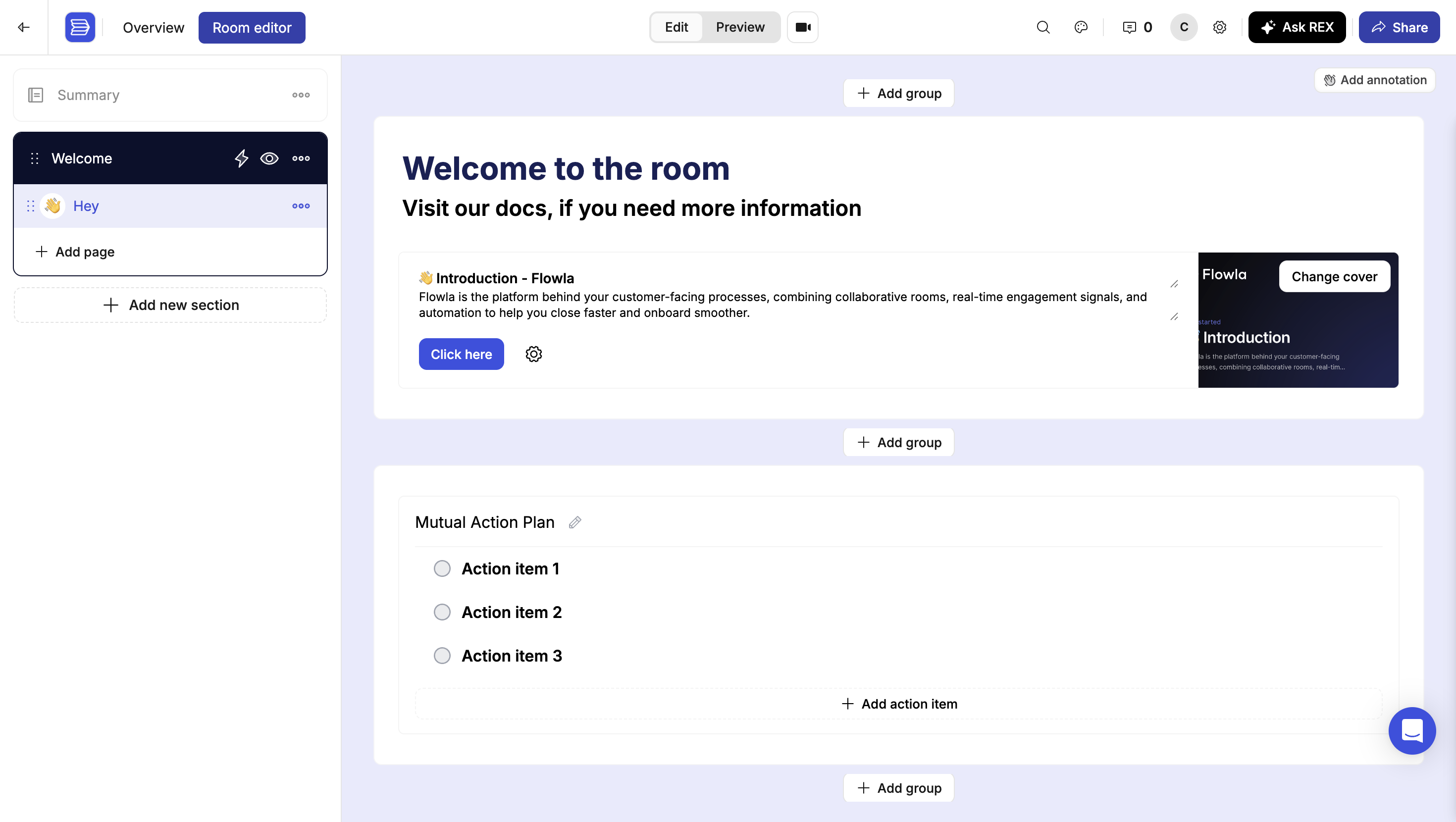 The Flowla room editor showing a room styled by a theme