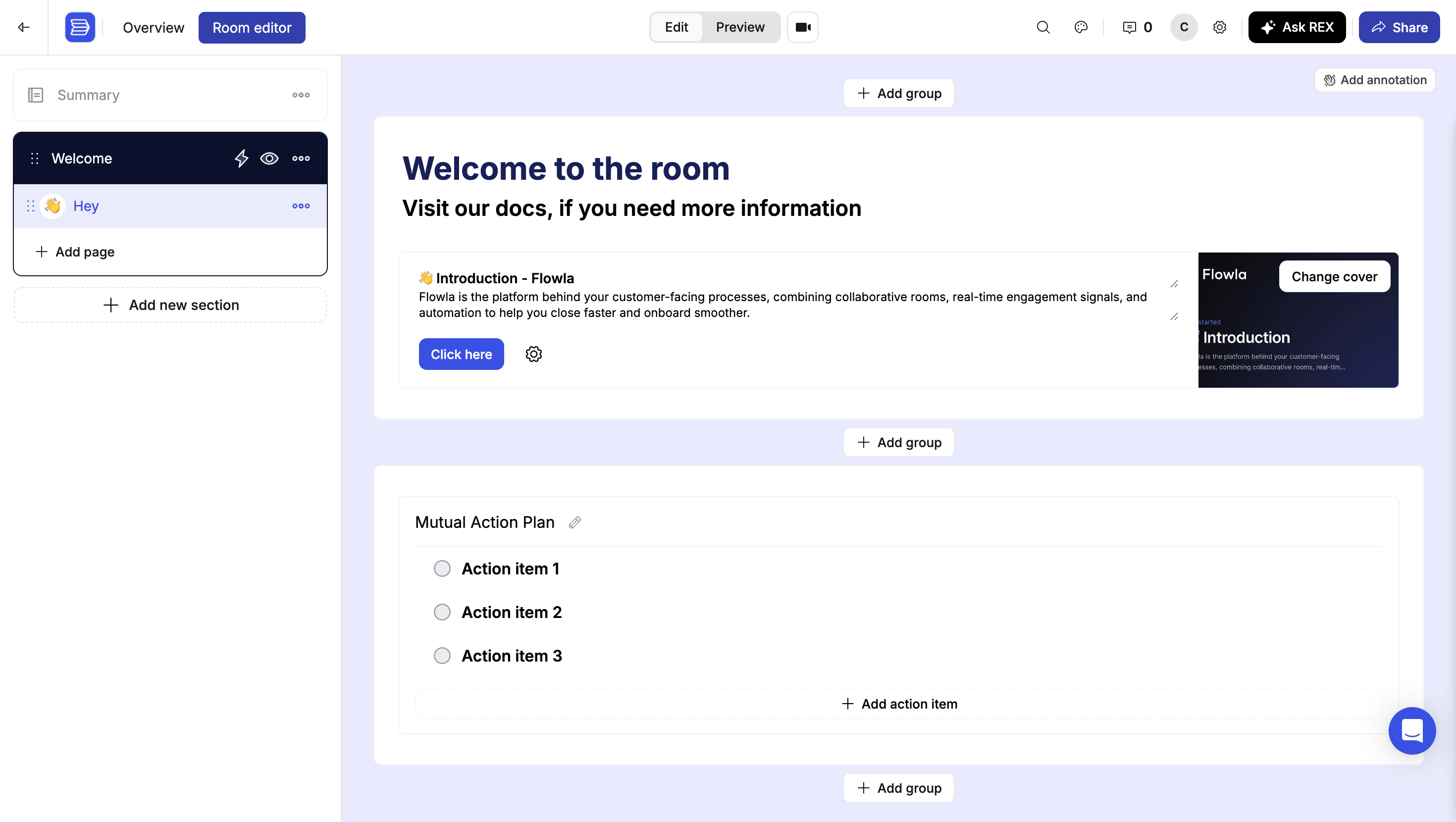 The Flowla room editor showing a room styled by a theme