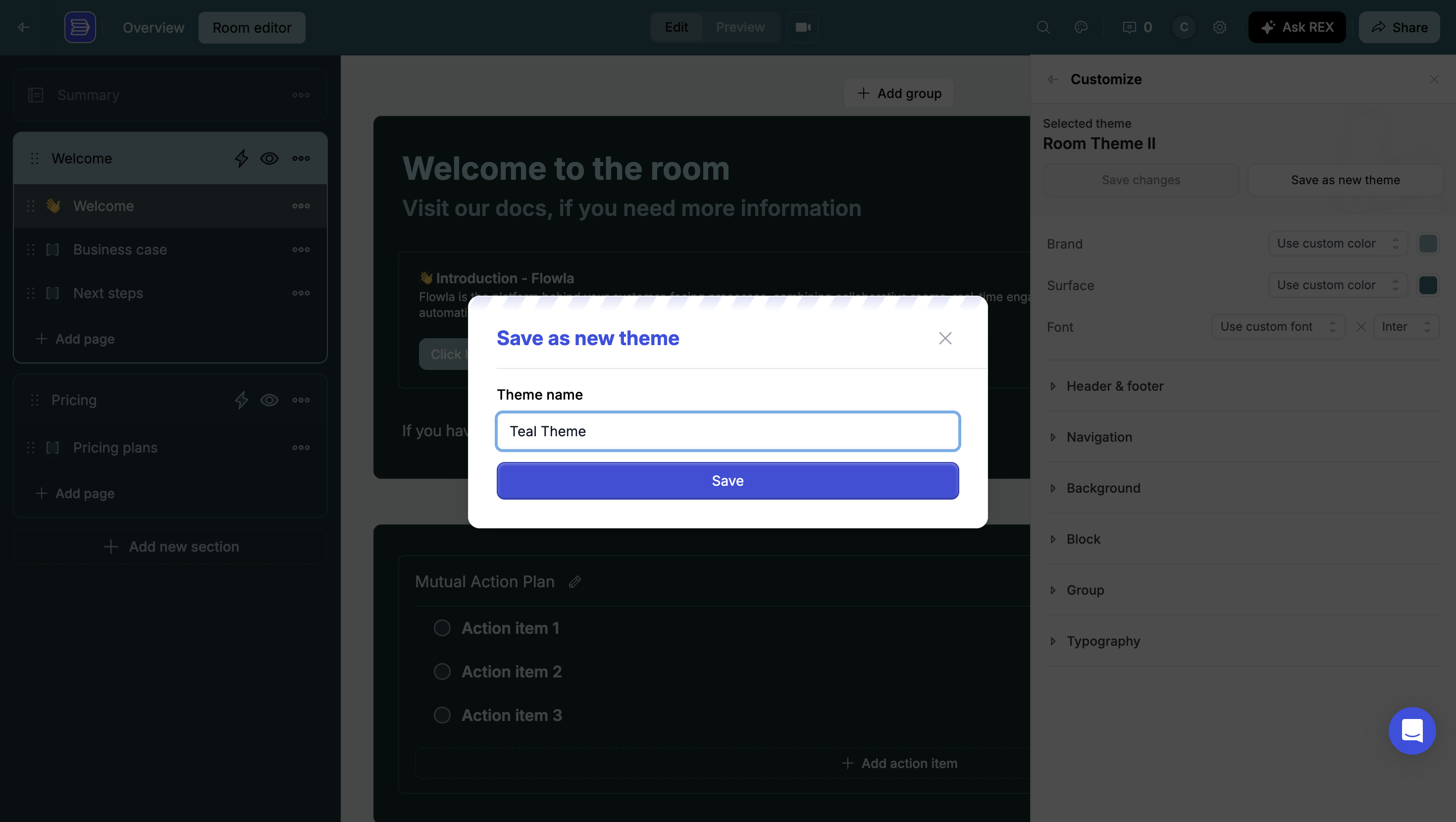 The Save as new theme dialog with the theme name Teal Theme entered