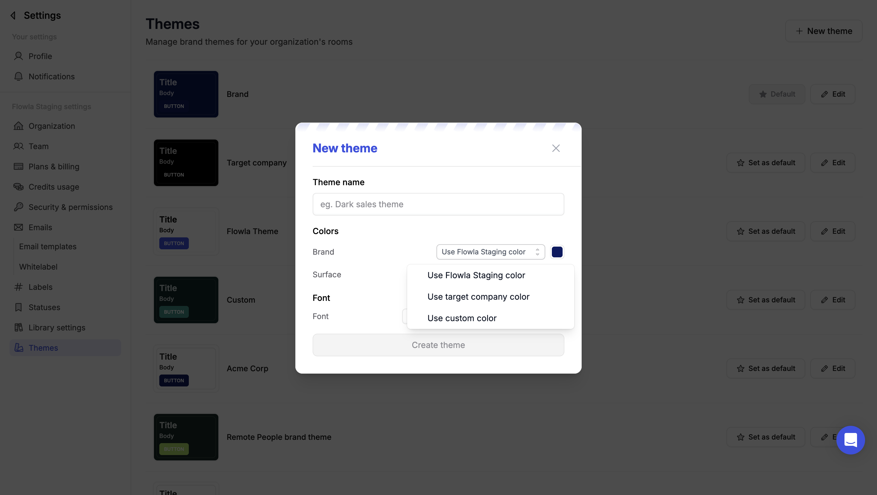 The New theme dialog with a Theme name field, Brand and Surface color source dropdowns, and a Font selector