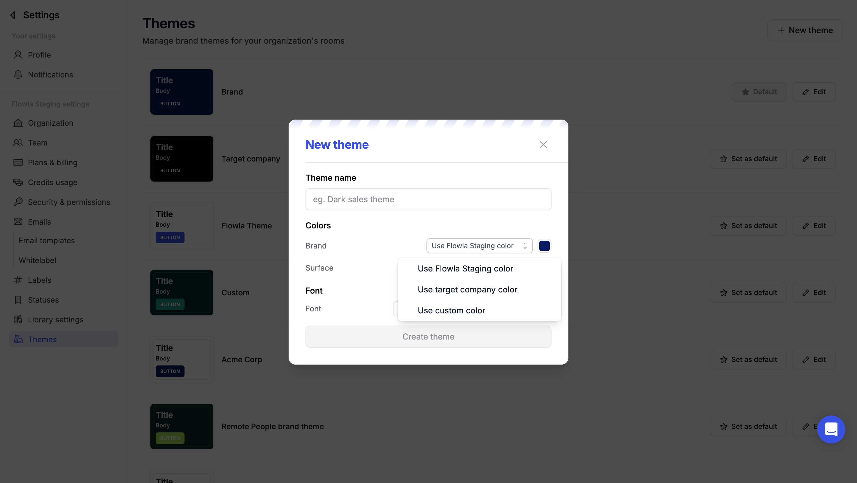 The New theme dialog with a Theme name field, Brand and Surface color source dropdowns, and a Font selector