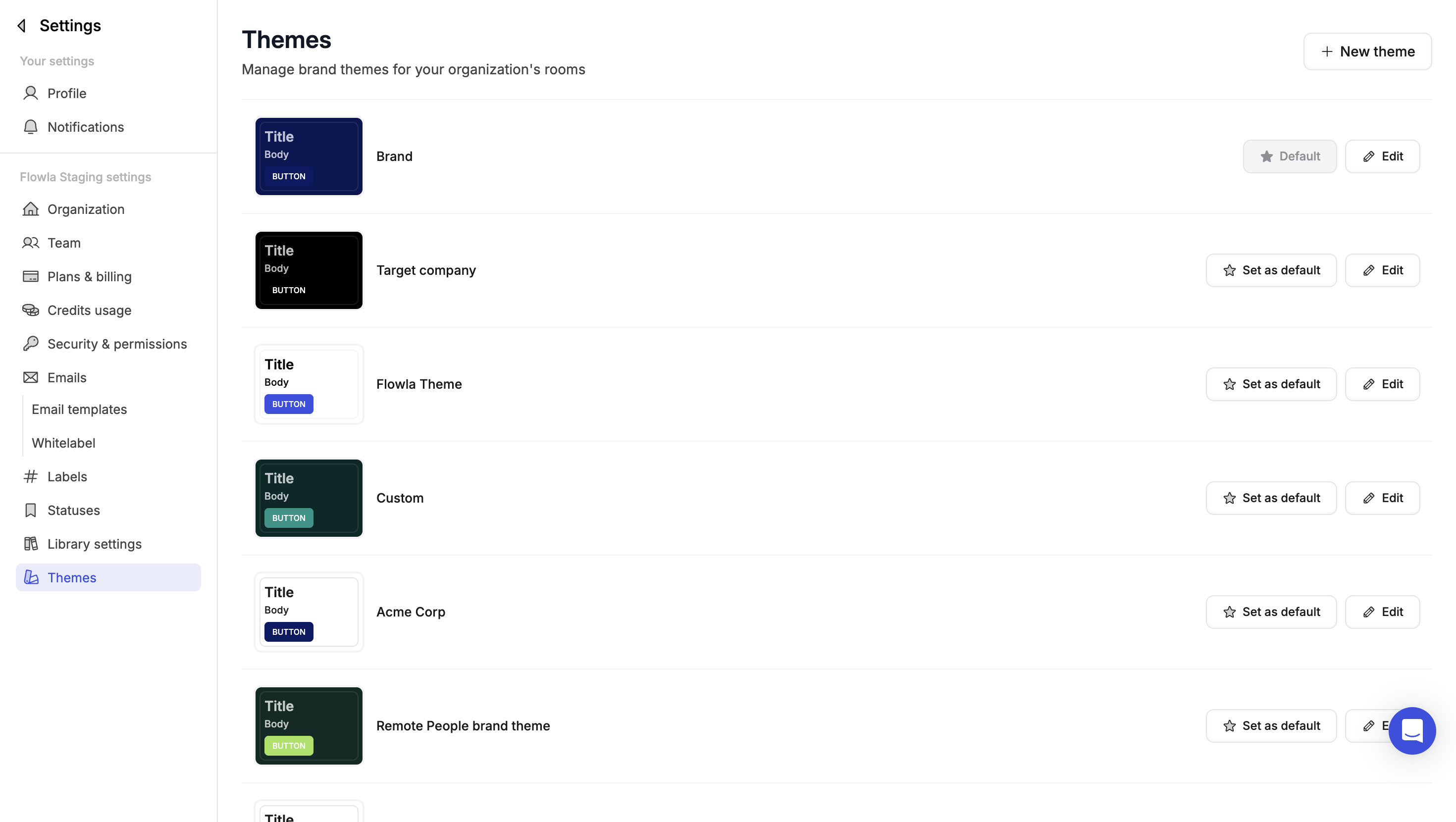 The Themes page in settings listing Brand, Target company, Flowla Theme, Custom, Acme Corp, and Remote People brand theme with Set as default and Edit buttons